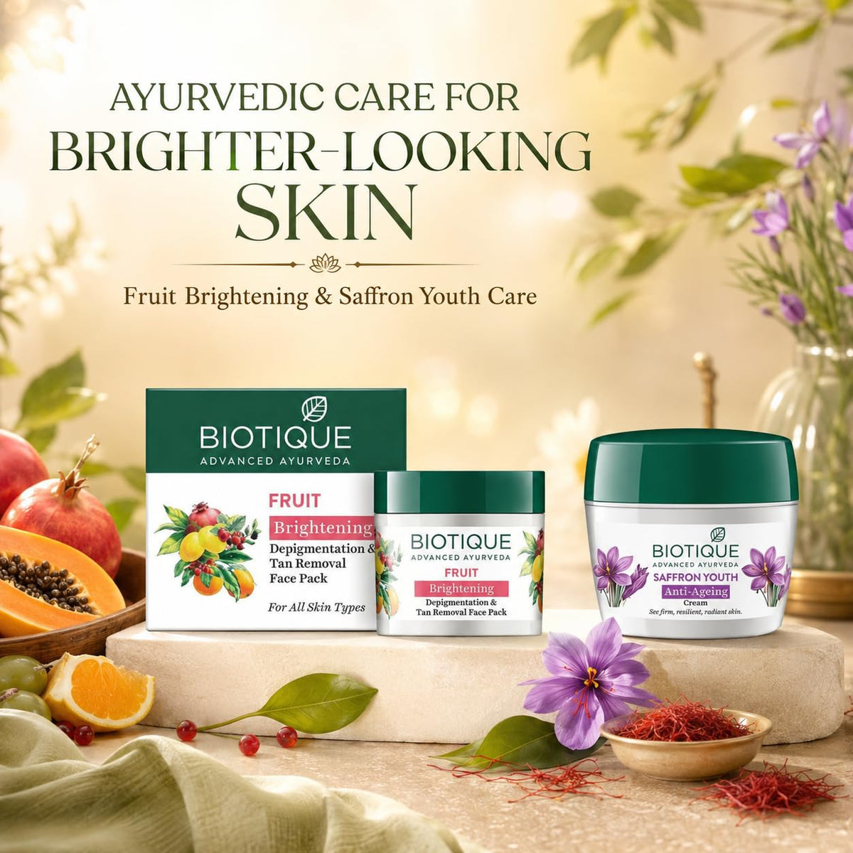 BIOTIQUE Fruit Whitening Face Pack 75g And Saffron Dew Cream for All Skin Types 175g (250 ml)