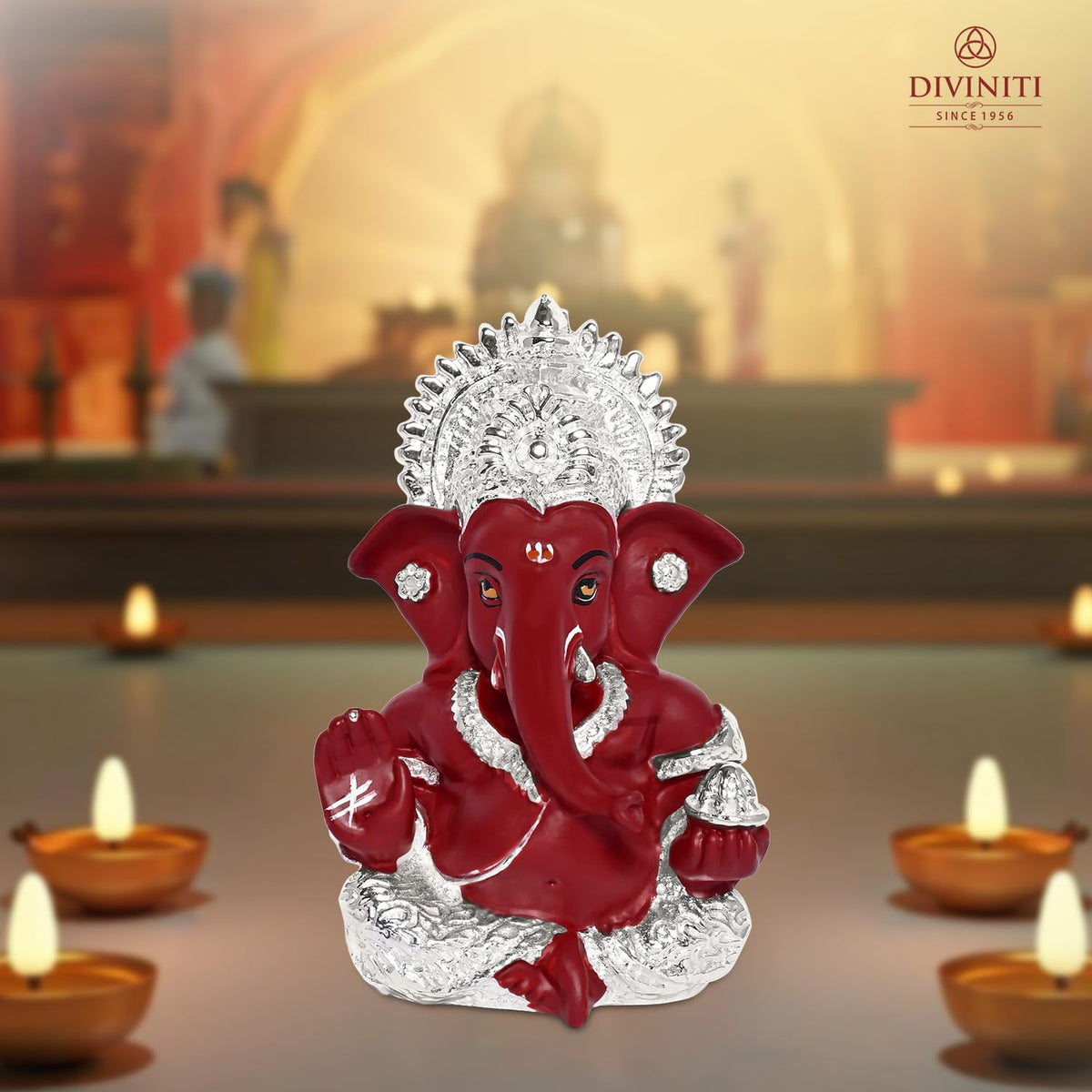DIVINITI 999 Silver Plated Resin Lord Ganesha Idol for Car Dashboard, Tabletop|Ganesh Statue for Good Luck and Success|Ganpati Murti for Home Decor Mandir, Office Desk Puja Gift Red (8.4x4.2cm)