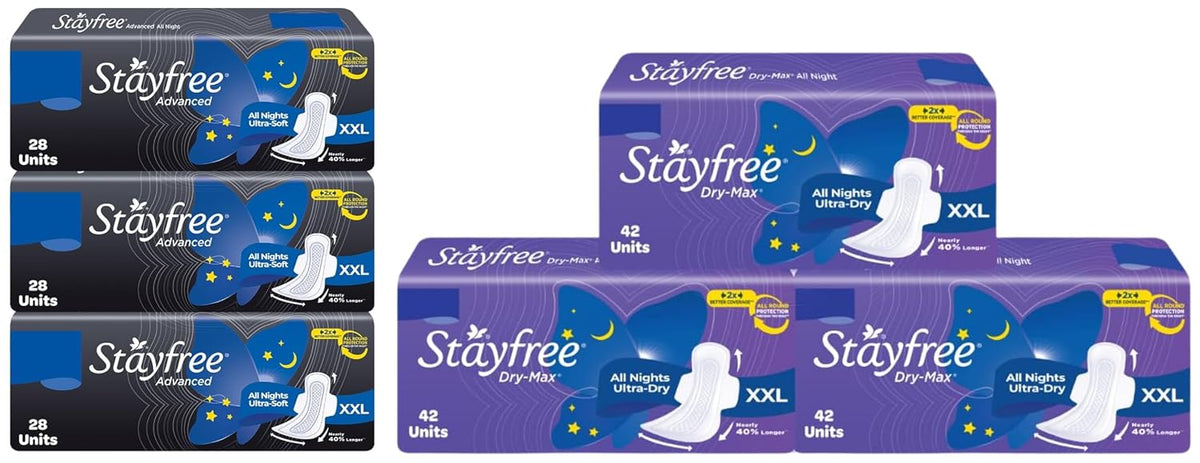 Stayfree Advanced Ultra Napkin & Stayfree Dry Max Xxl|Combo Pack 126 Pads|All Night Xxl Dry Cover Sanitary Pads For Women|Convert Heavy Flow Into Gel|Odour Control|Absorbs 2X More With Wider Back