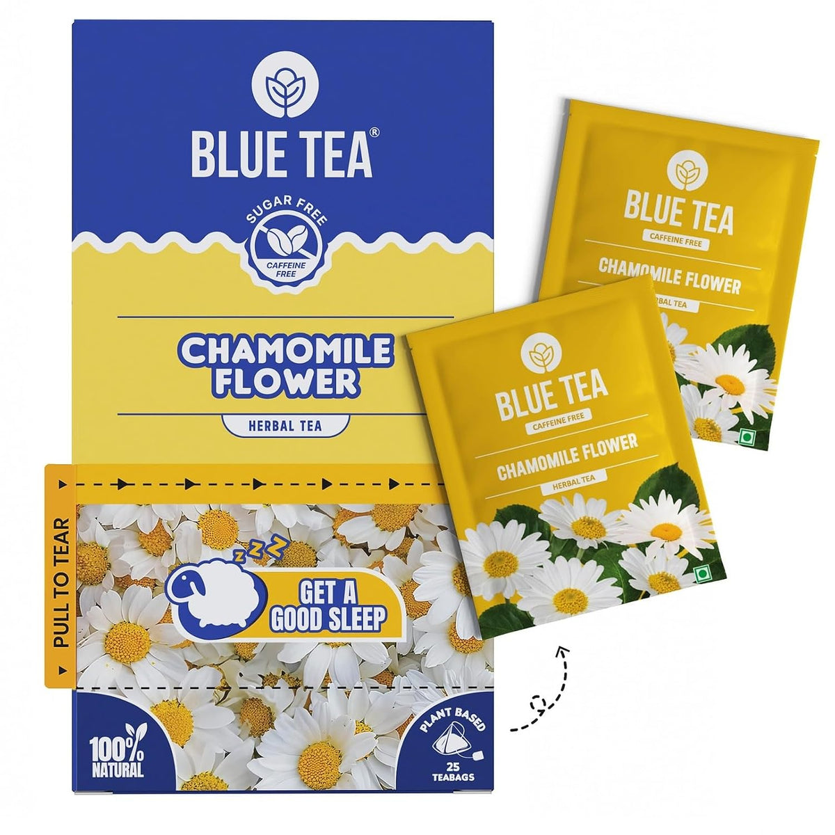 BLUE TEA - Chamomile Tea For Sleep - 25 Tea Bags - Plant Based | Get a good Sleep | Relaxation | Stress Relief | Caffeine Free - Flower Based - Herbal Tea | Single Tear Tea Box | Easy Pull Sachets