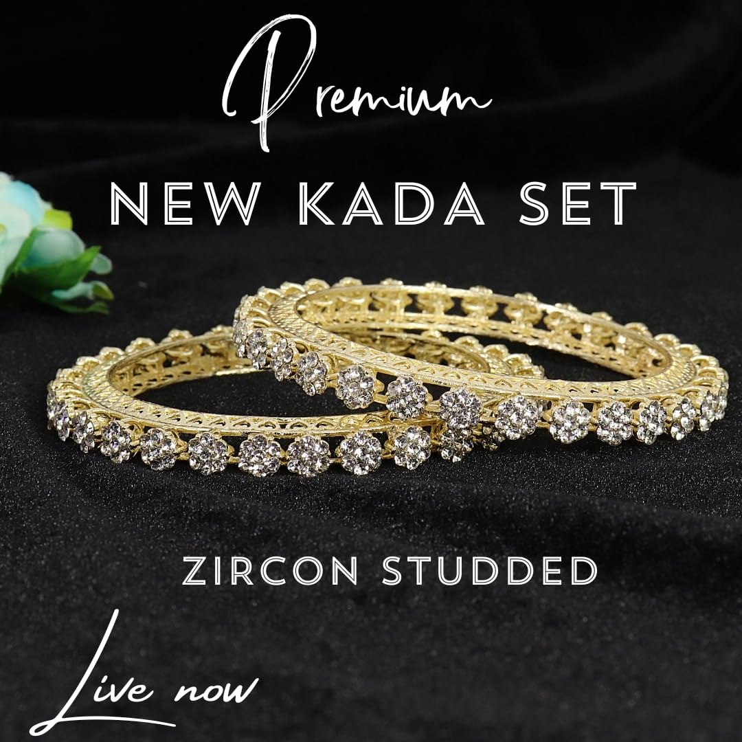 NMII Premium Gold Plated Metal American Diamond Bangles Set For Women & Girls | Pacheli Kada For Women | Traditional Golden Bangles Kada For Wedding, Party, Occasion Jewellery- Set of 2