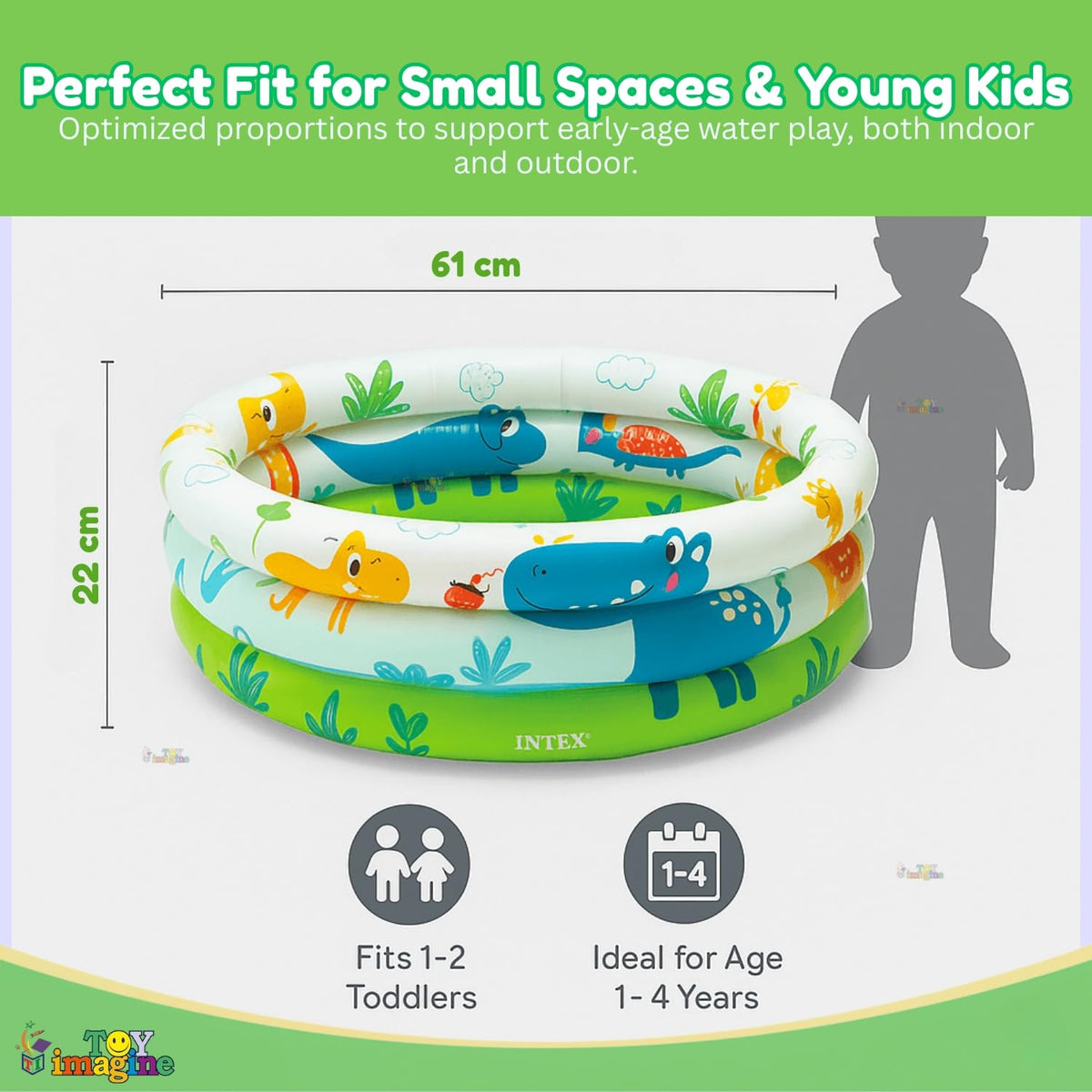 Toy Imagine Swimming Pool for Kids | 3-Ring Baby Bath Tub for Kids 3–6 Years | Portable Inflatable Kiddie Pool Indoor & Outdoor Water Fun | Perfect for Holi & Summer Play Dino Buddies (2 feet)