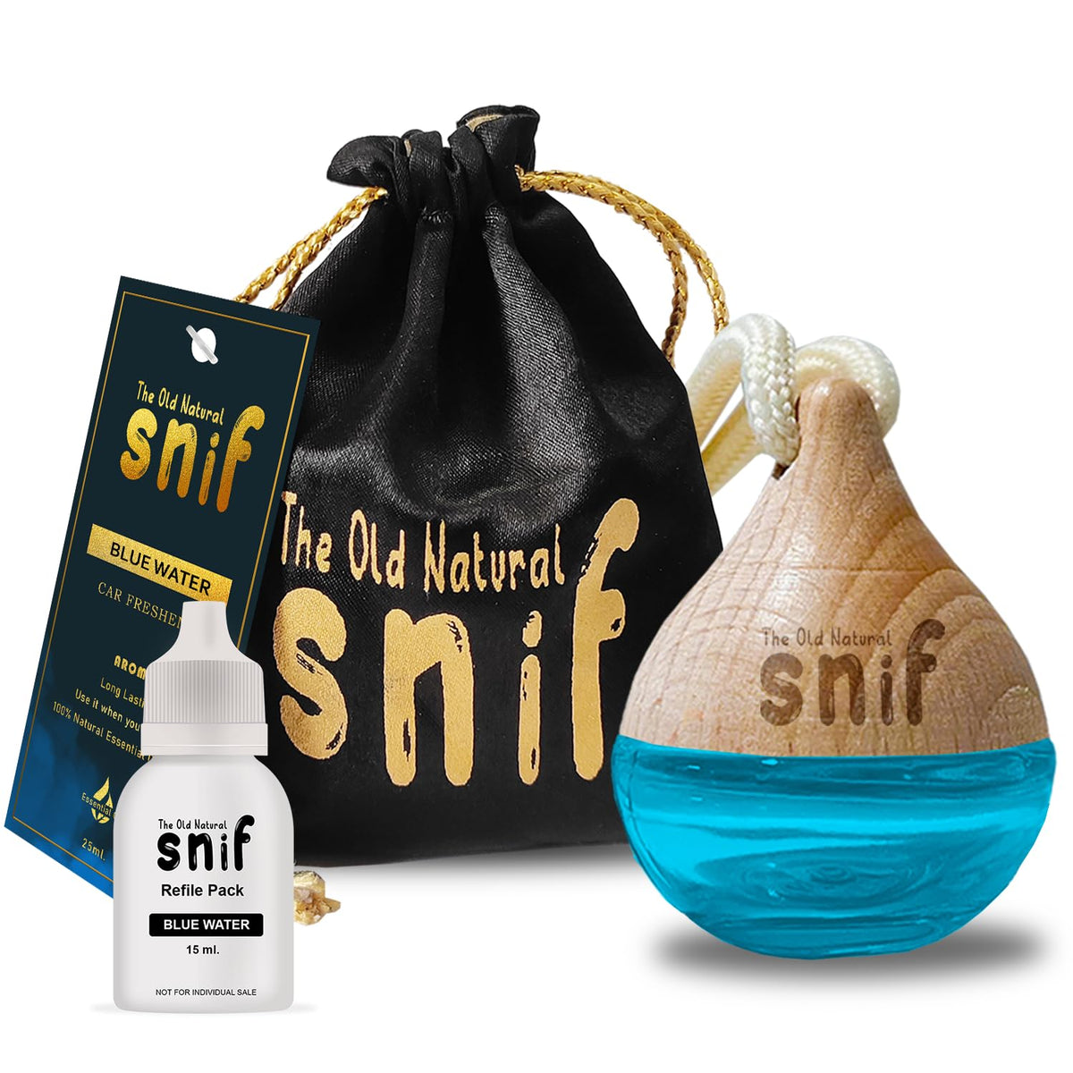 The Old Natural Snif Car Perfume With Essential Oils | Car Perfume Diffuser With 15ml Refill Pack | Blue Water, White Oudh and Plum Rose (Pack Of 3, 60ml)