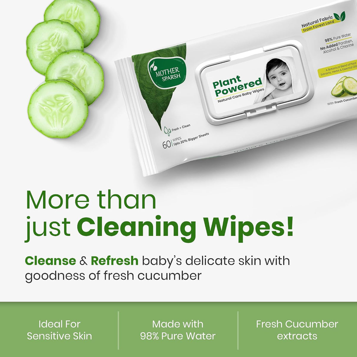 Mother Sparsh Natural Care Water Baby Wipes 60 Pcs (Pack of 9)I 100% Plant Made Fabric From Forest Land | Fresh+Cleanse (with Cucumber) Plant Powered Water Wipes For Baby I Cotton Cloth Like Bigger Sheets