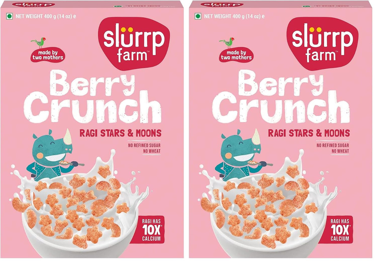 Slurrp Farm Berry Crunch Strawberry Cereal | No Maida, No Refined Sugar, No Added Colour | Ragi Stars and Moons | Healthy Breakfast | 300 g (Pack of 2)