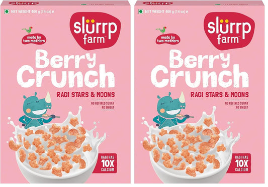Slurrp Farm Berry Crunch Strawberry Cereal | No Maida, No Refined Sugar, No Added Colour | Ragi Stars and Moons | Healthy Breakfast | 300 g (Pack of 2)