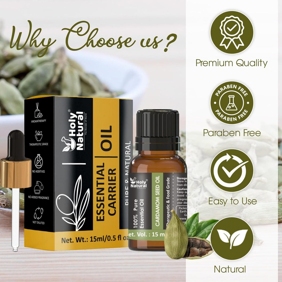 Holy Natural Cardamom Essential Oil 15ml (with Dropper Plug), Undiluted Therapeutic Grade, Best For Aromatherapy, Relaxation, Skin Therapy & More.