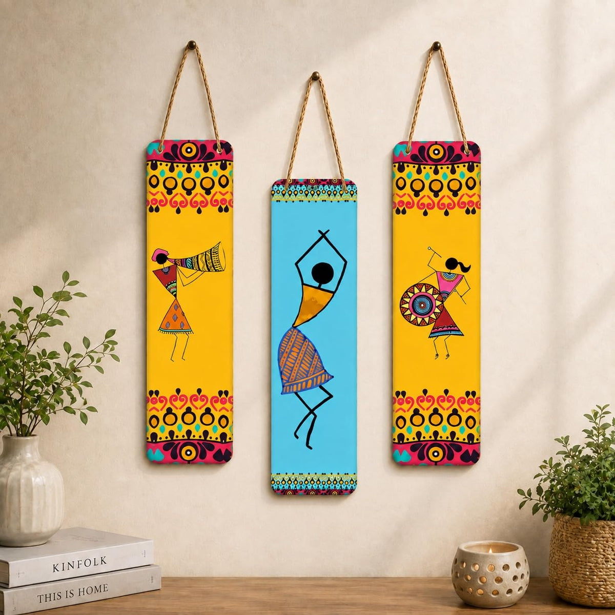 Artvibes African Warli Art Wooden Decoration Item for Living Room | Modern Decoration Items | Handcrafted | Living Room | Cafe | Aesthetic Wooden Decor | Ideal Gifts (WH_8108N), Set of 3