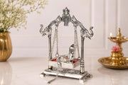 KridayKraft Silver Plated Metal Krishna Jhula with Elephant Design Stand | Lord Krishna on Swing Idol for Home Decor, Janmashtami Puja, Temple, & Spiritual Gifting.
