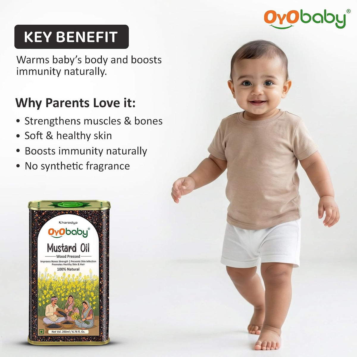 OYO BABY 100% Pure Cold-Pressed Mustard Oil for Baby - 200ml | Edible Food-Grade Sarson Oil | Enriched with Vitamins & Antioxidants | Baby Massage Oil | Baby Oil For Body Massage