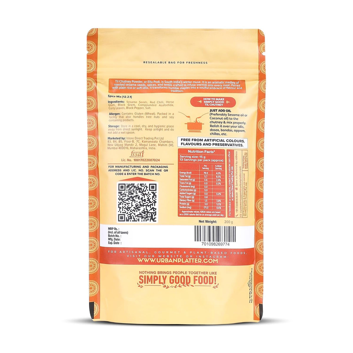Urban Platter South Indian Style Instant Til Chutney Powder, 200g (Ellu Podi | Sesame Dry Chutney | Ready-to-Use | Perfect for Idli, Dosa and Rice)