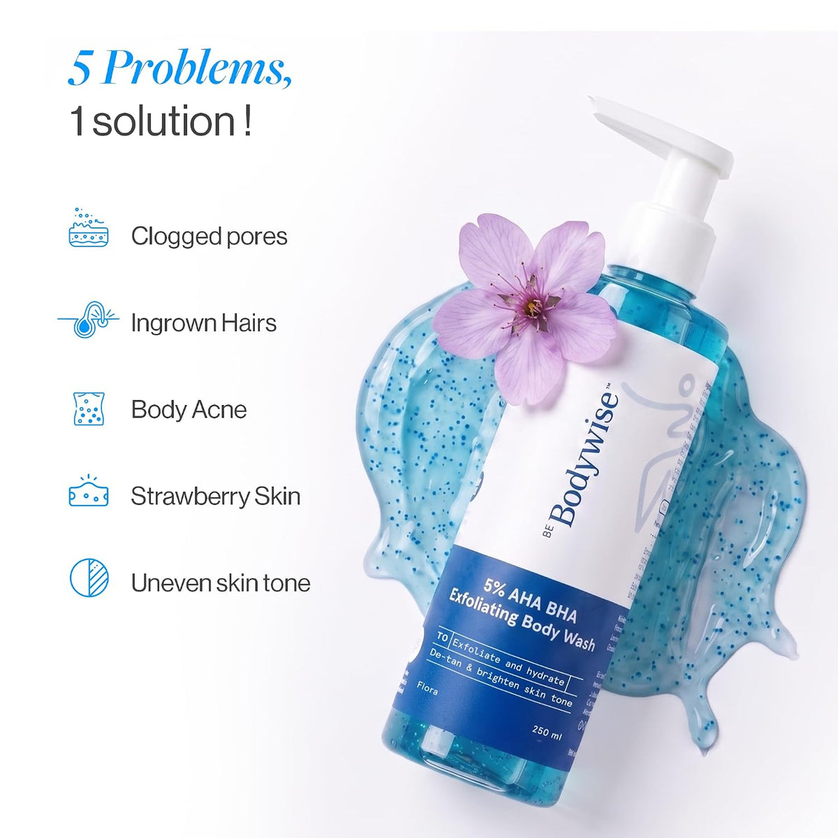 Be Bodywise 5% AHA BHA De-Tan Exfoliating Body Wash (Flora Fragrance) 250ml | For Body Acne & Strawberry Skin | 3% Lactic Acid, 1% Glycolic Acid, 1% Salicylic Acid | Paraben Free, Non-Drying