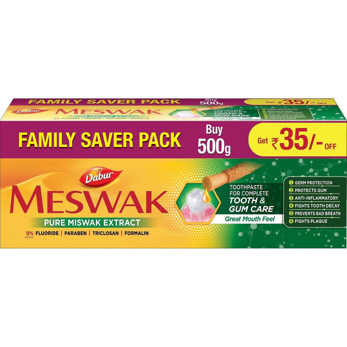 Dabur Meswak Complete Oral Care Toothpaste - 500g (2 x 200g + 1 x100g) & Dabur Tulsi Drops : 30ml (20ml + 10ml Free) | Contains Extracts of 5 Rare Tulsi COMBO