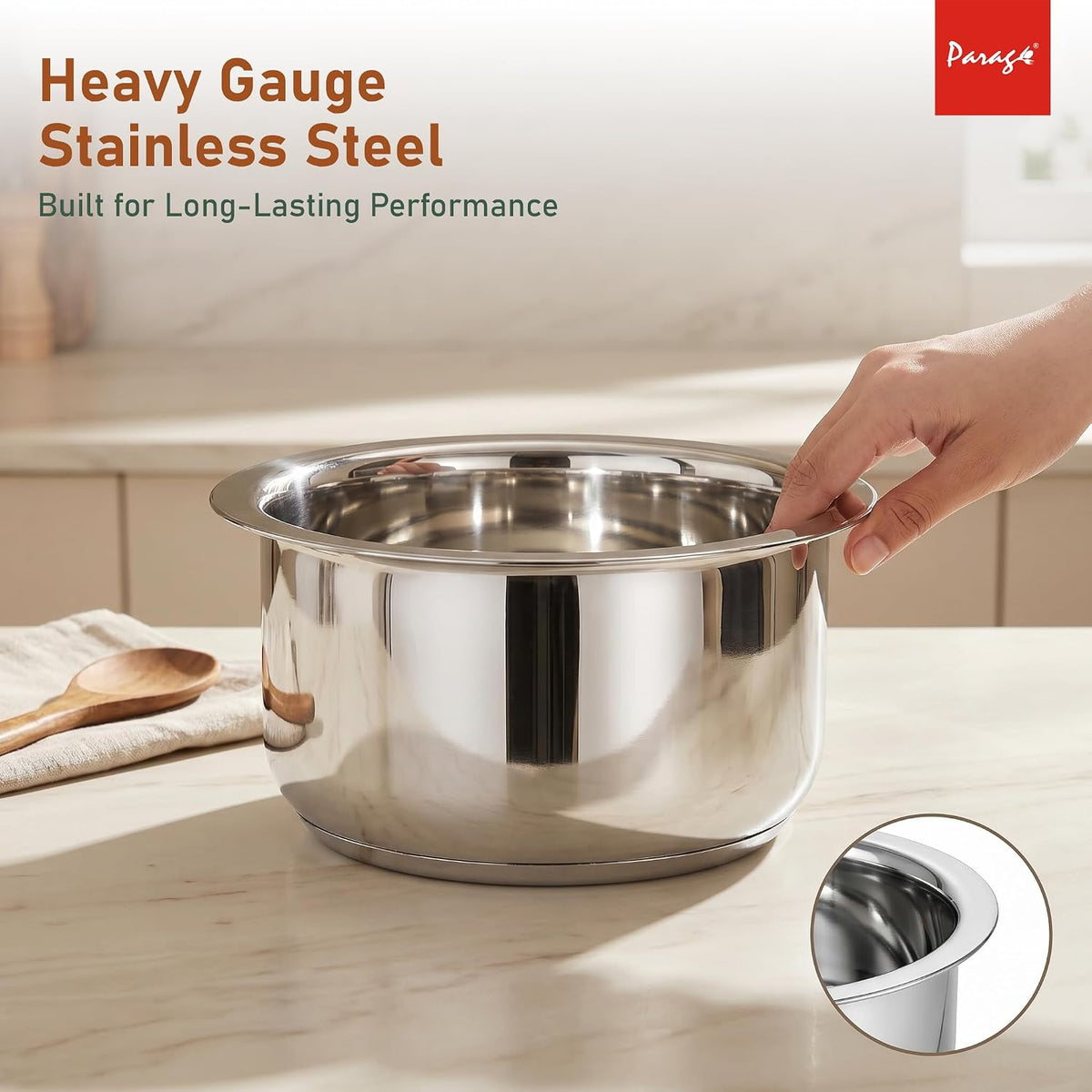 Parage Tri-Bond Stainless Steel Tope with Lid 2 Litre | Heavy Container Triply Bottom Patila, Bhagona/Bhigona | Gas & Induction Compatible | Steel Cooking Pot for Tea, Milk, Dal & Kitchen Daily Use