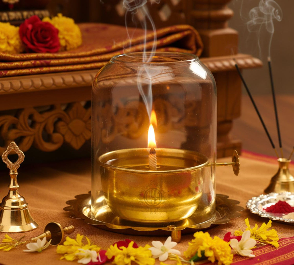 DSH Brass Akhand Diya with Adjustable Bati for Puja Decorative Brass & Glass Oil Lamp with Screw Lever Lantern Diya with Glass Cover for Prayers Home Decor and Diwali Festive Gifts. (Small)
