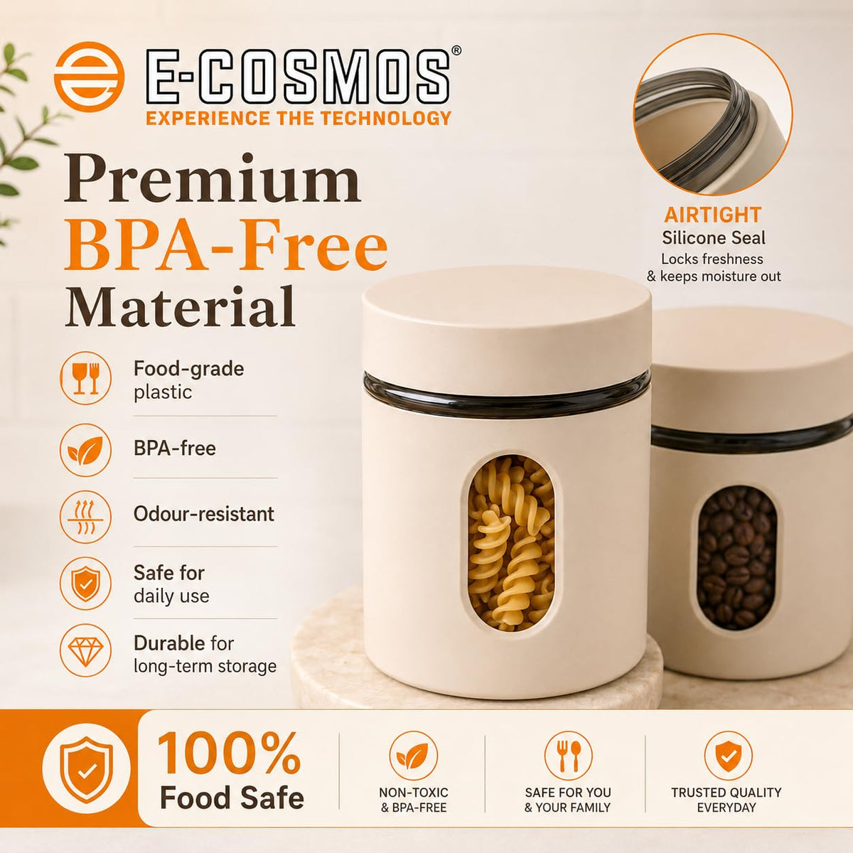 E-COSMOS® 500 ml Plastic Kitchen Storage Container Pack of 2 - Airtight Oval Container with Clear Window for Snacks, Tea, Coffee & Dry Fruits (Multicolor) (Pack Of 2, 500, Milliliters)