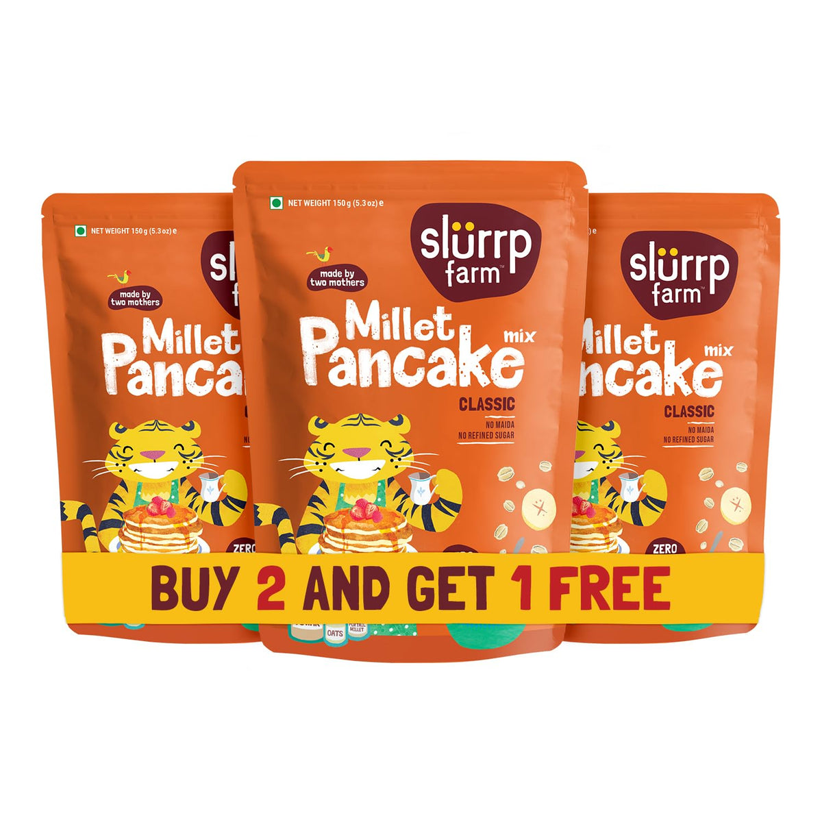 Slurrp Farm No Maida Pancake Mix | Instant Breakfast Mix made with Oats and Jowar | 100% Vegetarian Eggless Healthy Breakfast for Kids & Adults | Classic- Pack of 3 X 150g