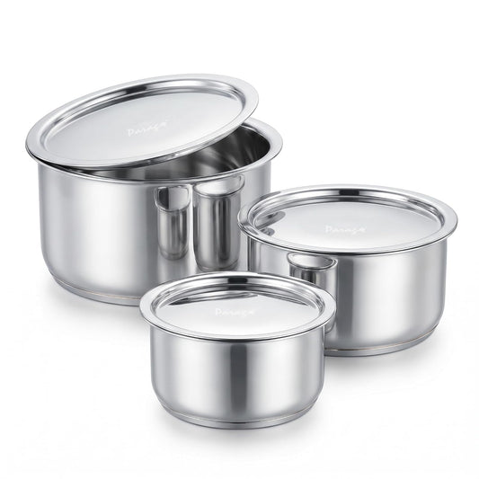 Parage 3 Pieces Tri-Bond Stainless Steel Tope Set with Lid, 1 L, 1.3 L & 2 Liter, Triply Bottom Patila, Bhagona/Bhigona Set for Gas & Induction Compatible, Boiling Cooking Pots (Size No. 11, 12 & 13)