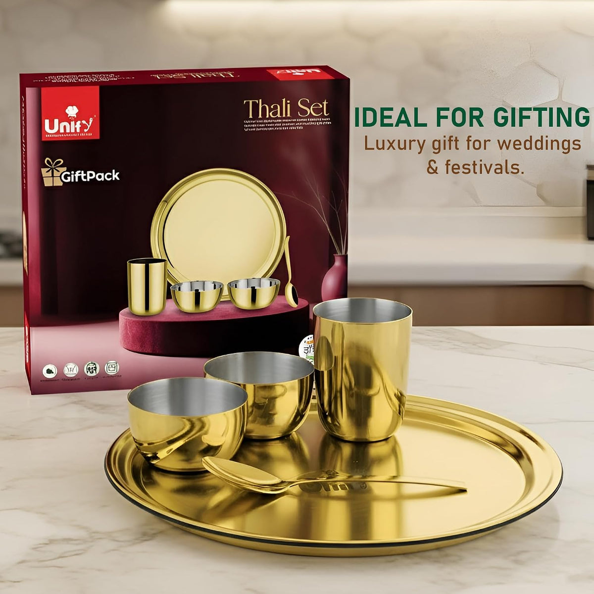 Unify By Parage Stainless Steel PVD Gold Plated Thali Set | Premium Dinner Plate with Bowls, Spoon & Glass | Royal Gold Dinnerware for Home, Restaurant & Festive Gifting | Food Grade & Rust Proof