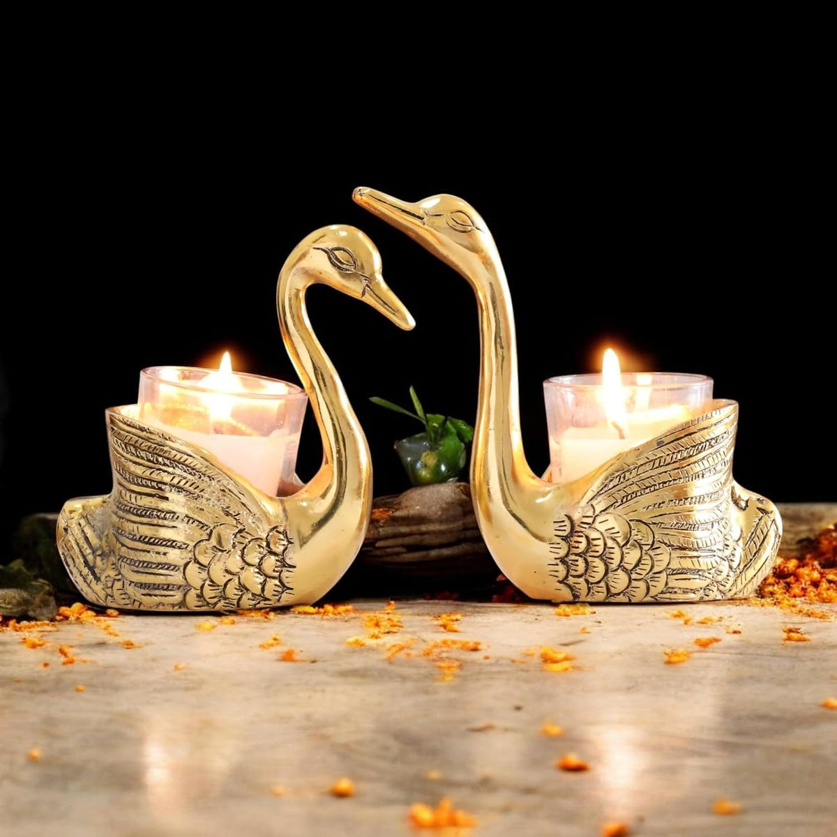 KridayKraft Antique Gold Aluminium Swan Tealight Candle Holders Set of 2 | Handcrafted Metal Bird Figurine Table Centerpiece for Living Room & Dining | Wedding, Housewarming