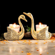 KridayKraft Antique Gold Aluminium Swan Tealight Candle Holders Set of 2 | Handcrafted Metal Bird Figurine Table Centerpiece for Living Room & Dining | Wedding, Housewarming