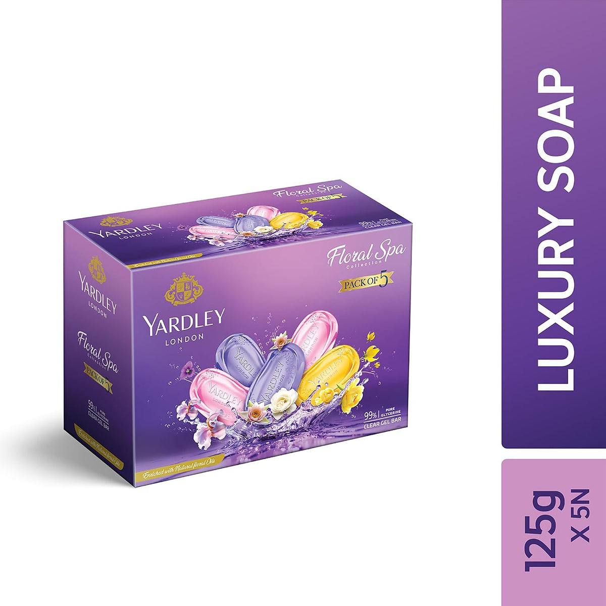 Yardley Clear Gel Bar Assorted Pack of 5 with 99% Pure Glycerin and Natural Floral Oils 125gx5