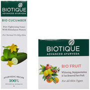 Biotique Bio Cucumber Pore Tightening Toner, 120ml and Biotique Bio Fruit Whitening and Depigmentation and Tan Removal Face Pack, 75g (Pack of 2)