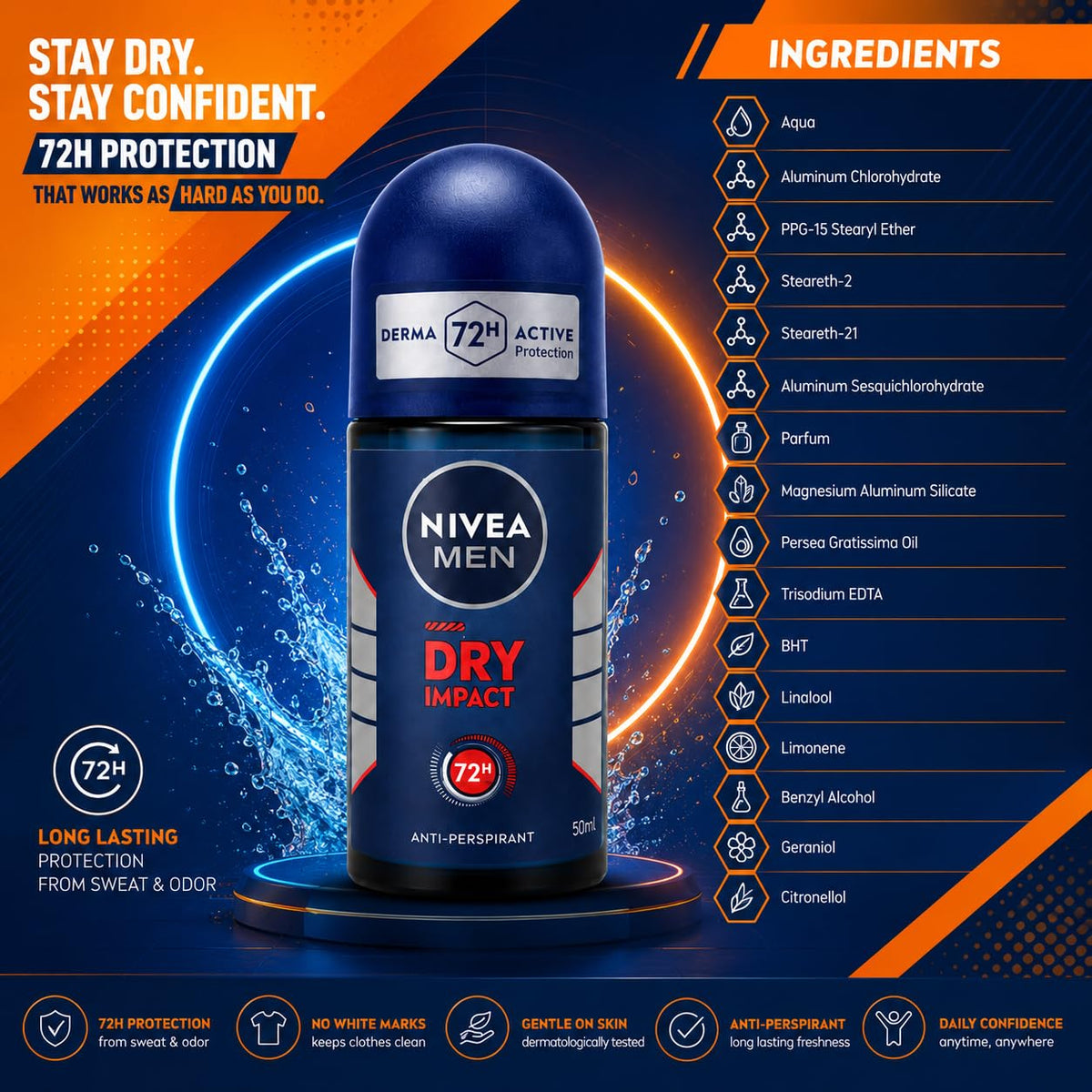 Nivea Men Dry Impact 72H Anti-Perspirant Roll-On 50ml | Powerful Sweat Control & Odor Defense | Fresh Masculine Fragrance Daily Deodorant for Men