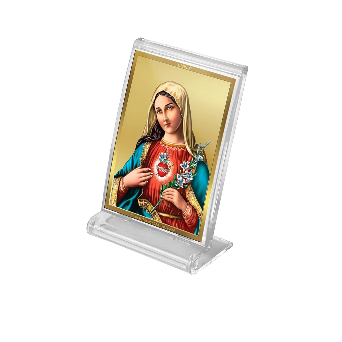 DIVINITI 24K Gold Plated Acrylic Mother Mary Dashboard Frame | Premium Christian Spiritual Gifting Item for Divine Blessings & Peace | Luxury Religious Decor for Car, Office & Home | 11 X 7 CM