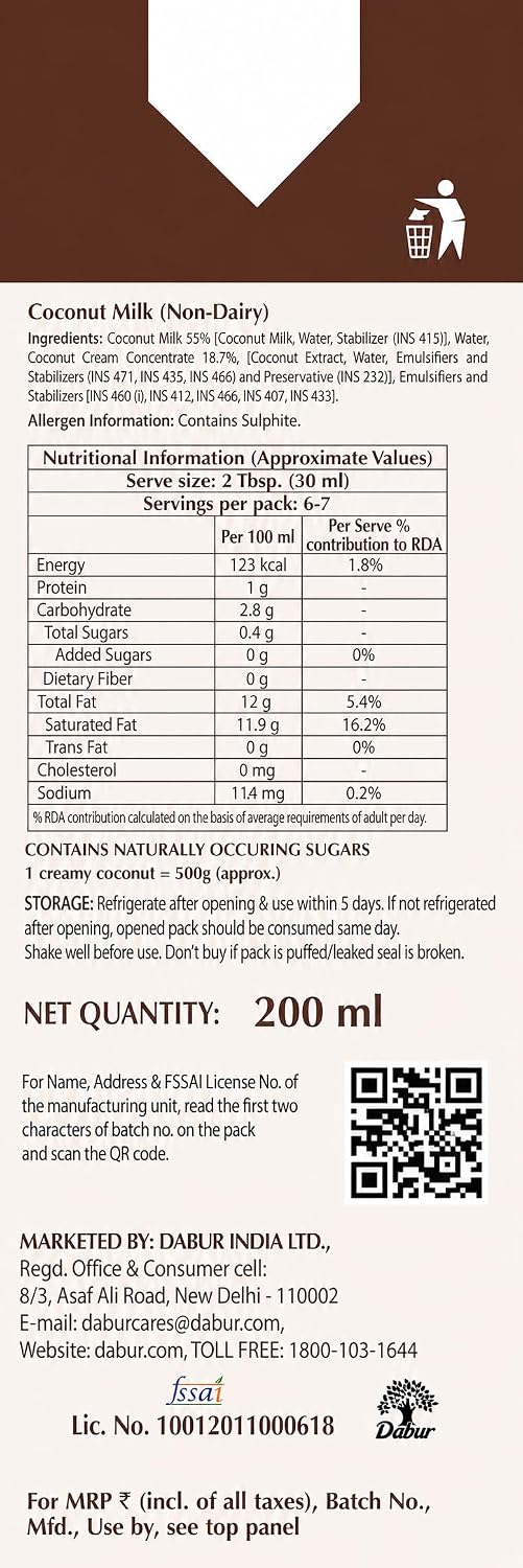Dabur Hommade Coconut Milk : Made from the Extract of 2 Creamy Coconuts | Thick & Creamy Consistency | No Added Sugar | Thick First Pressing Milk | Hassle-Free, Ready to Use | Ideal for Curries, Desserts & Baking | 200ml single item