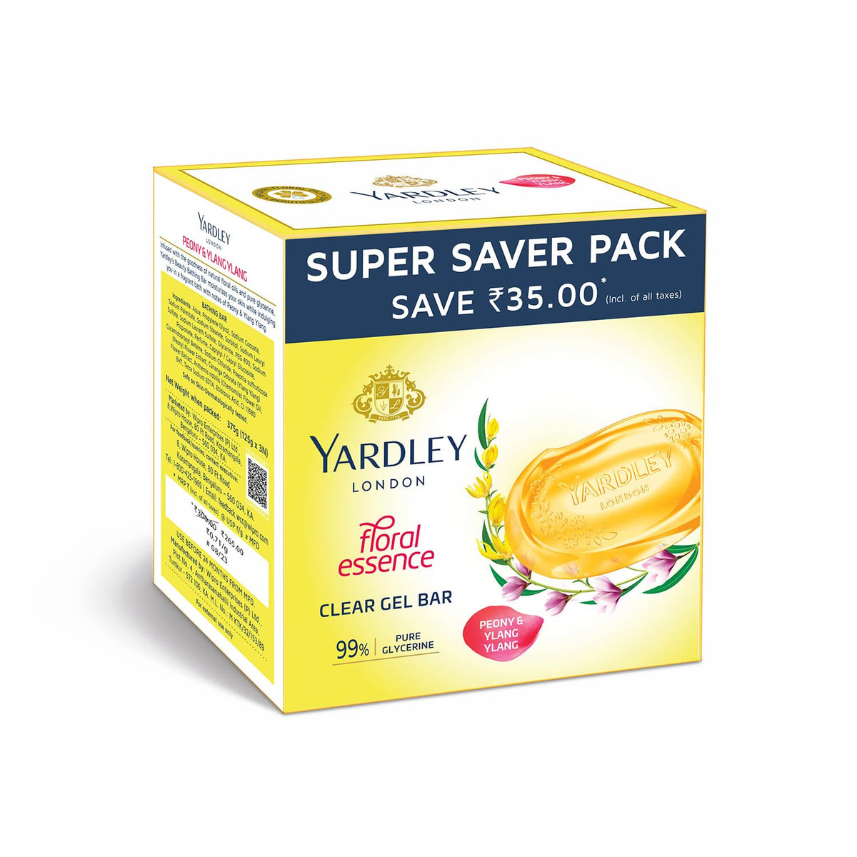 Yardley London Yardley Clear Gel Bar Peony & Ylang Ylang - With 99% Pure Glycerin And Natural Floral Oils 125Gx3