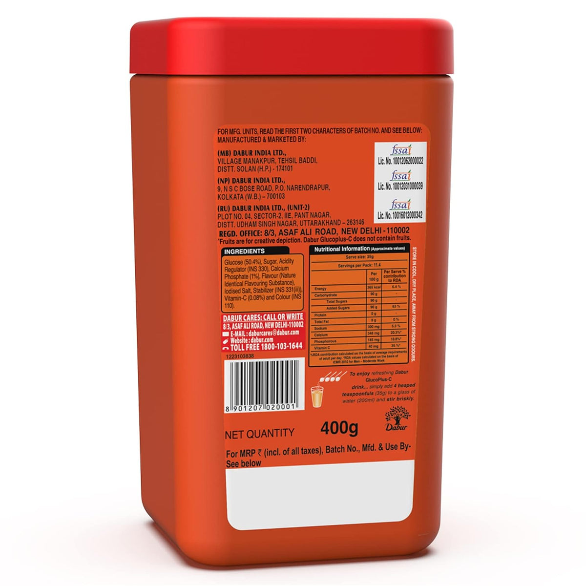 Dabur GlucoPlus-C Instant Energy Glucose Juicy & Tasty Orange Flavour Powder- 400g Jar | Glucose Replenishes Energy | 25% more Glucose| Vitamin C helps Boosts Immunity | Calcium Supports Bone Health