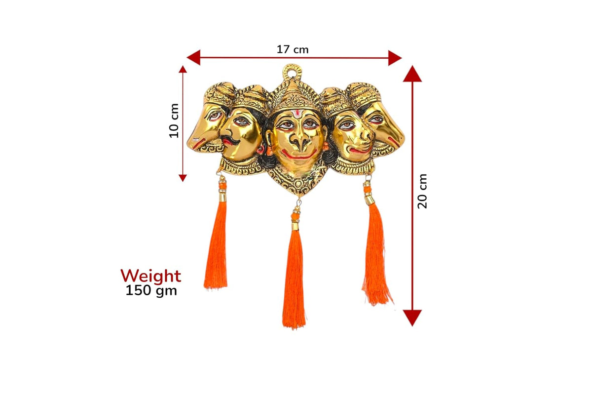 KridayKraft Metal Panchmukhi Hanuman Ji Murti for Door Entrance Statue Wall Hanging Showpiece with Silk Latakan in Gold Finish (Gold)