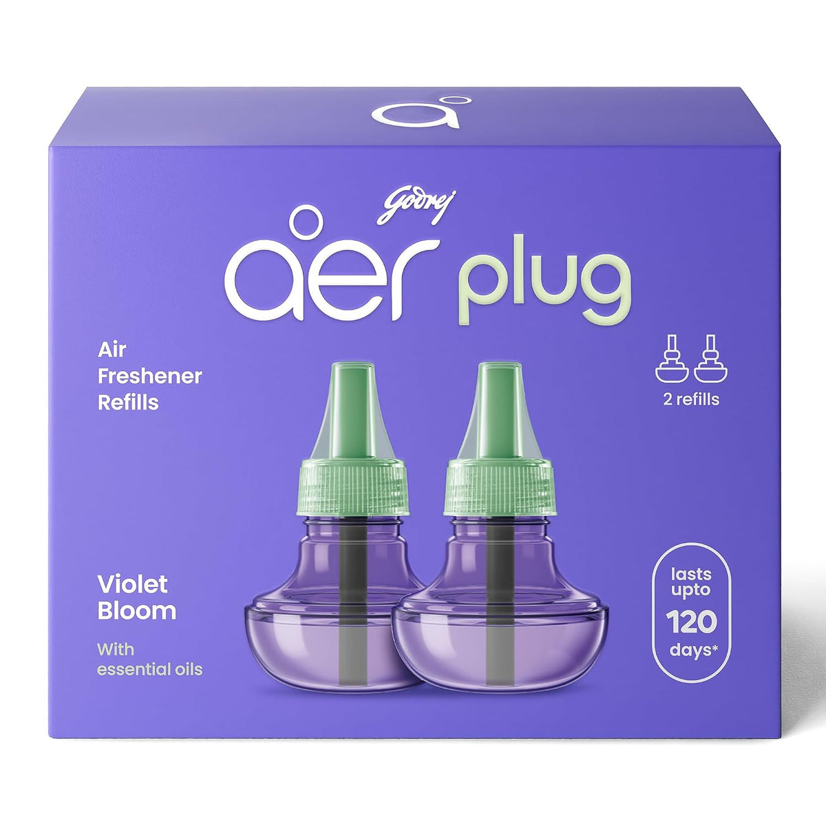 Godrej aer Plug Electric Air Freshener 2 Refills (20ml each) | Violet Bloom | Lasts up to 120 days, Liquid (Pack of 2)