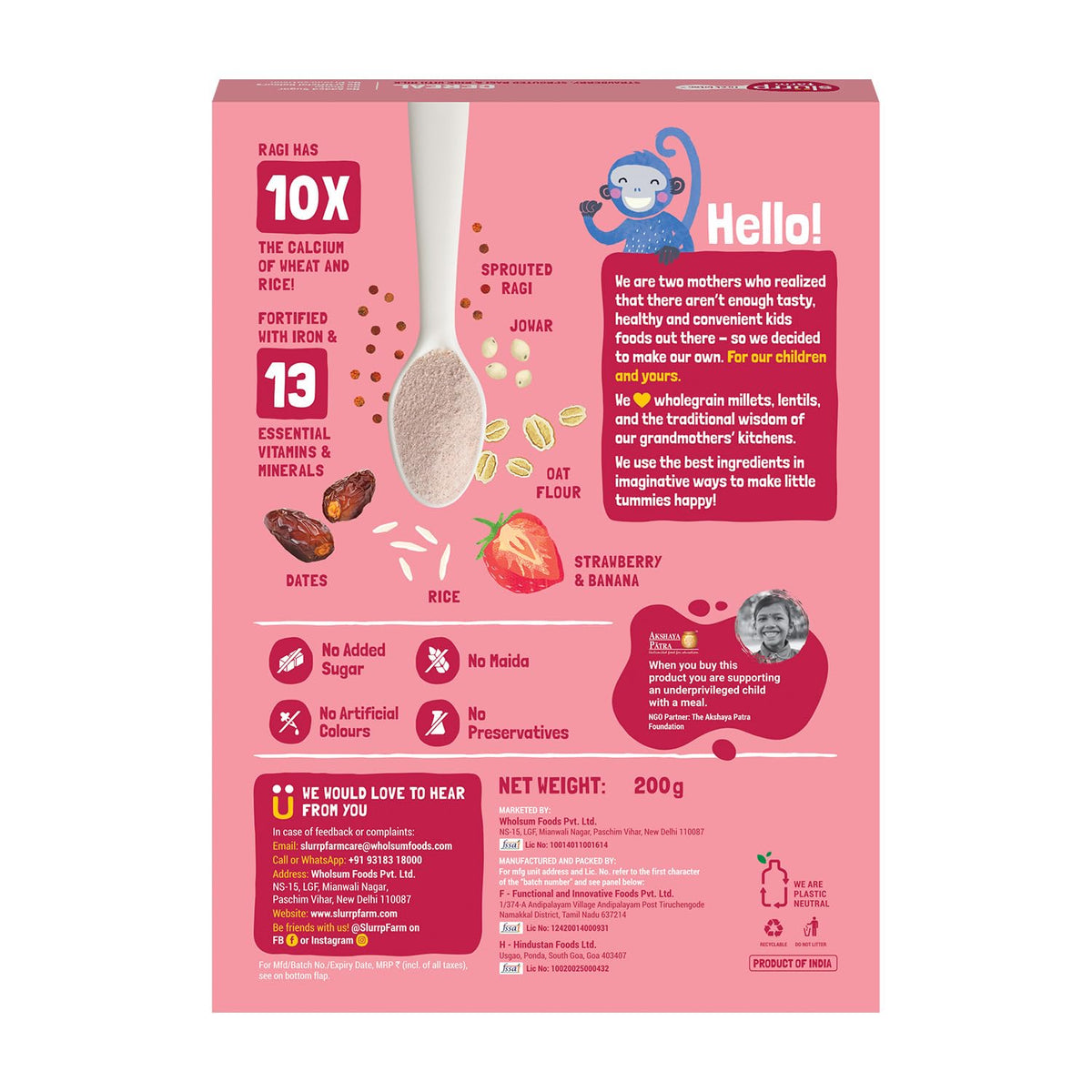 Slurrp Farm First Bites Strawberry, Sprouted Ragi and Rice Cereal with Milk I Instant Cereal for Little Ones | with No Added Sugar I 10X Calcium of Wheat and Rice | 200g