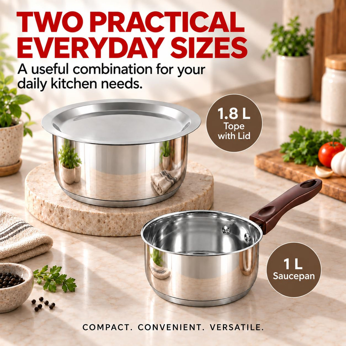 Vinod Stainless Steel Tope with Lid, 1.8 LTR & Sauce Pan Set, 1 LTR