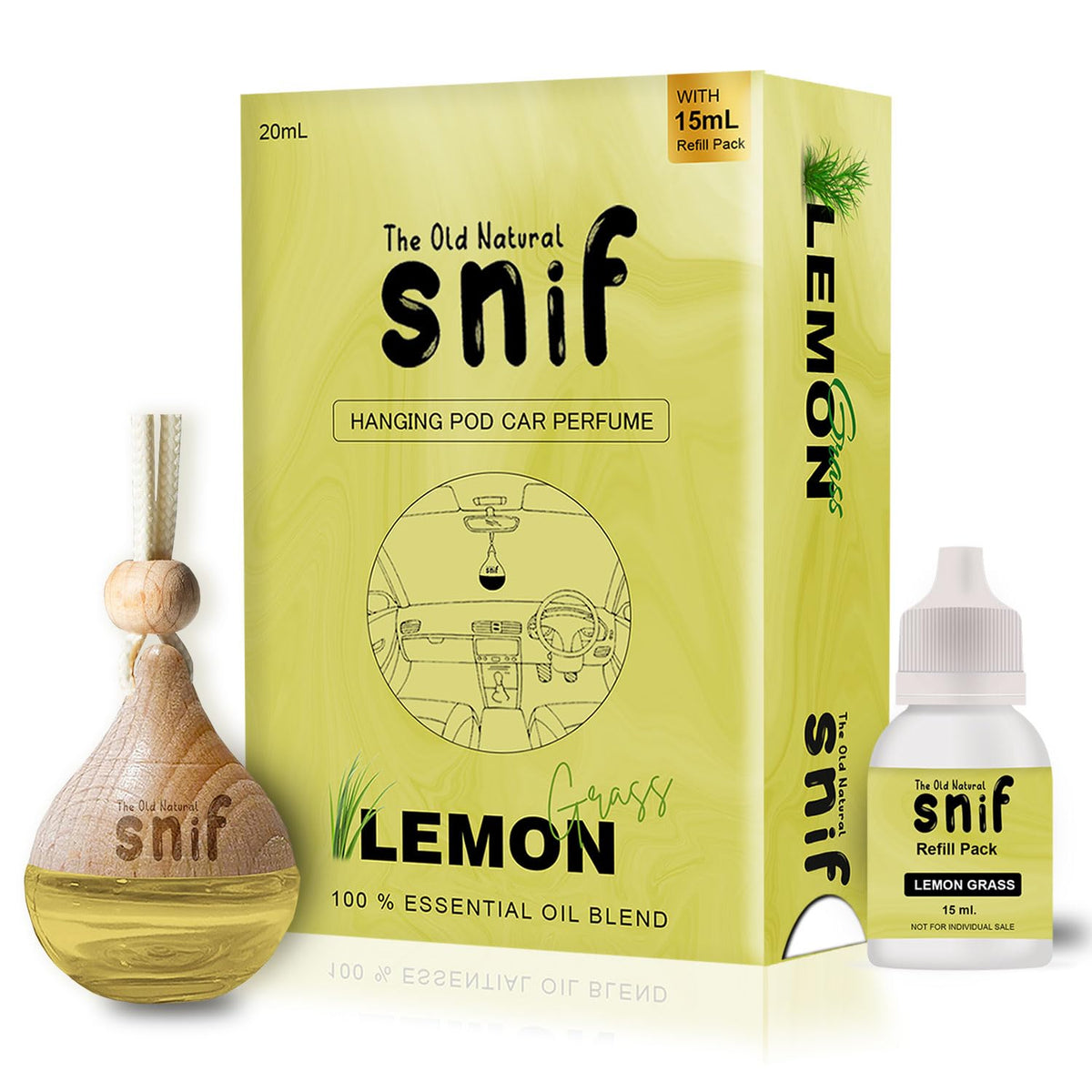 The Old Natural Snif Car Perfume With Essential Oils | Car Perfumes Diffuser With 15ml Refill Pack | Car Fresheners Long Lasting | Car Air Freshener (Pack Of 1, 20ml) (Lemon Grass)