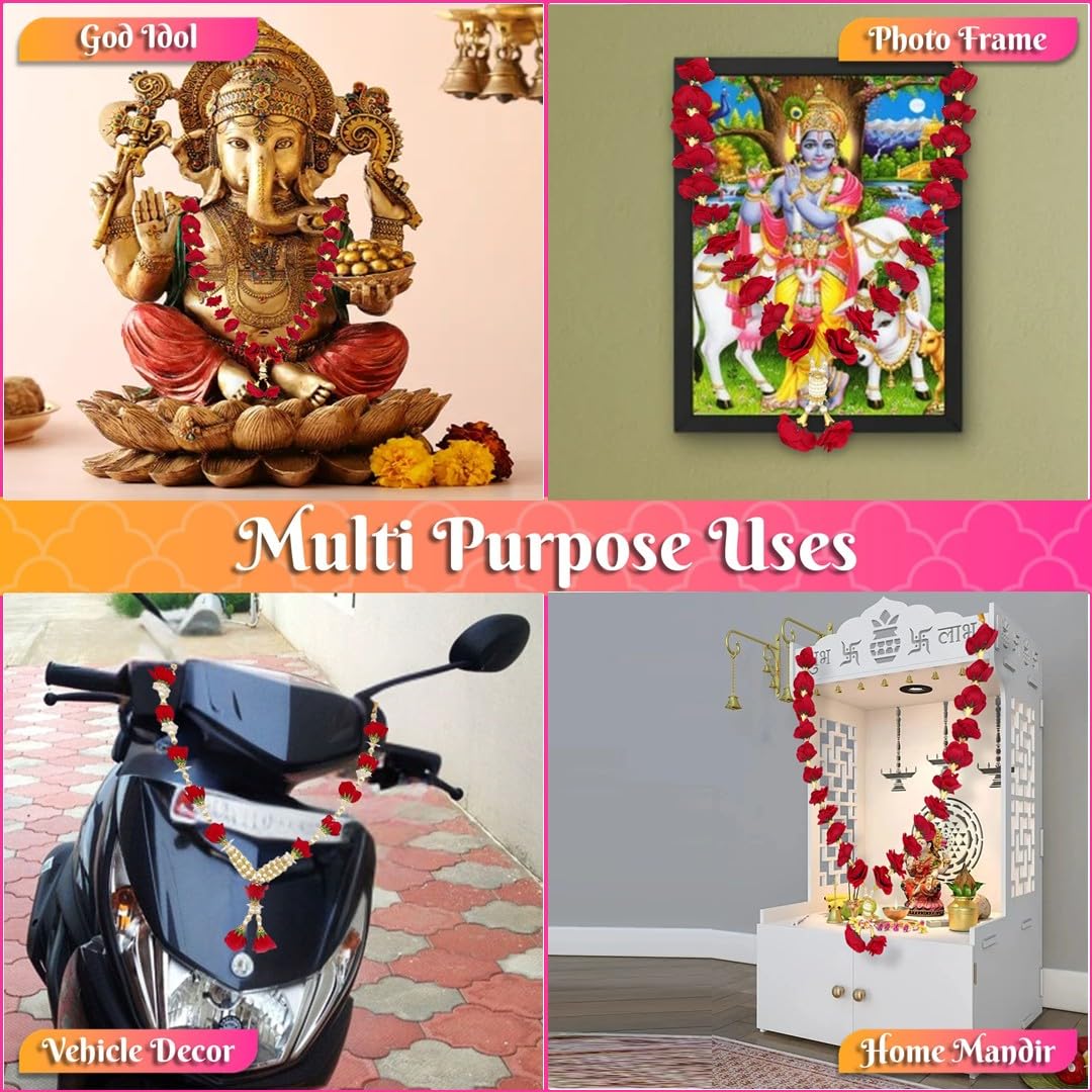 Bhakti Lehar Velvet Rose Flower Garland for Photo Frame and God Idol/Artificial Pearl Moti Gulab Mala Haar (30 Inch)