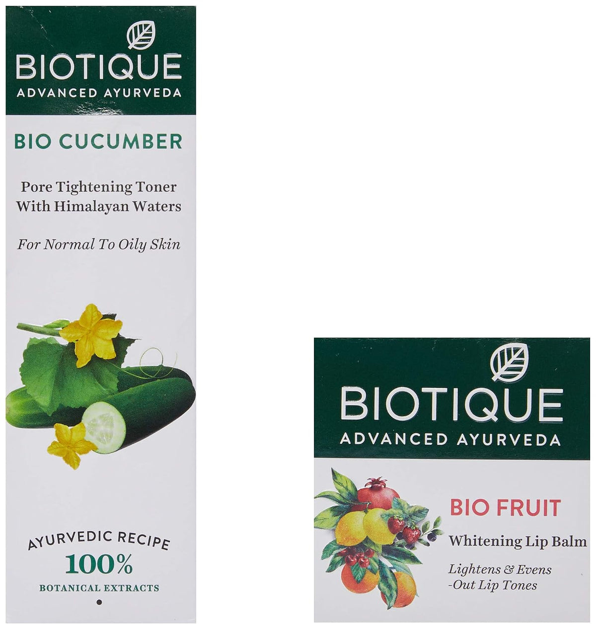 Biotique Bio Fruit Whitening Lip Balm, 12g and Biotique Bio Cucumber Pore Tightening Toner, 120ml (Pack of 2)