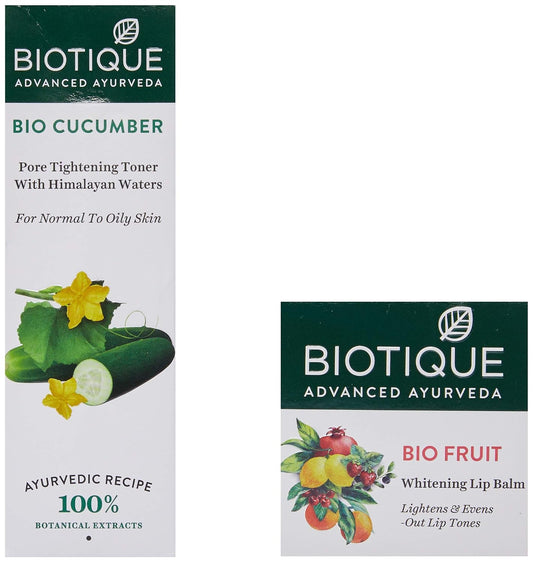 Biotique Bio Fruit Whitening Lip Balm, 12g and Biotique Bio Cucumber Pore Tightening Toner, 120ml (Pack of 2)