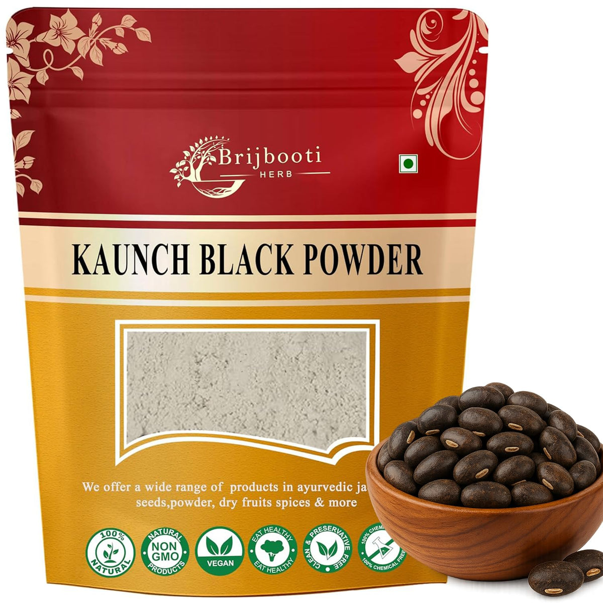 BrijBooti Black Kaunch Seeds Powder 100 Gr - Kaunch Beej Kala Powder - Mucuna Pruriens - Cowhage