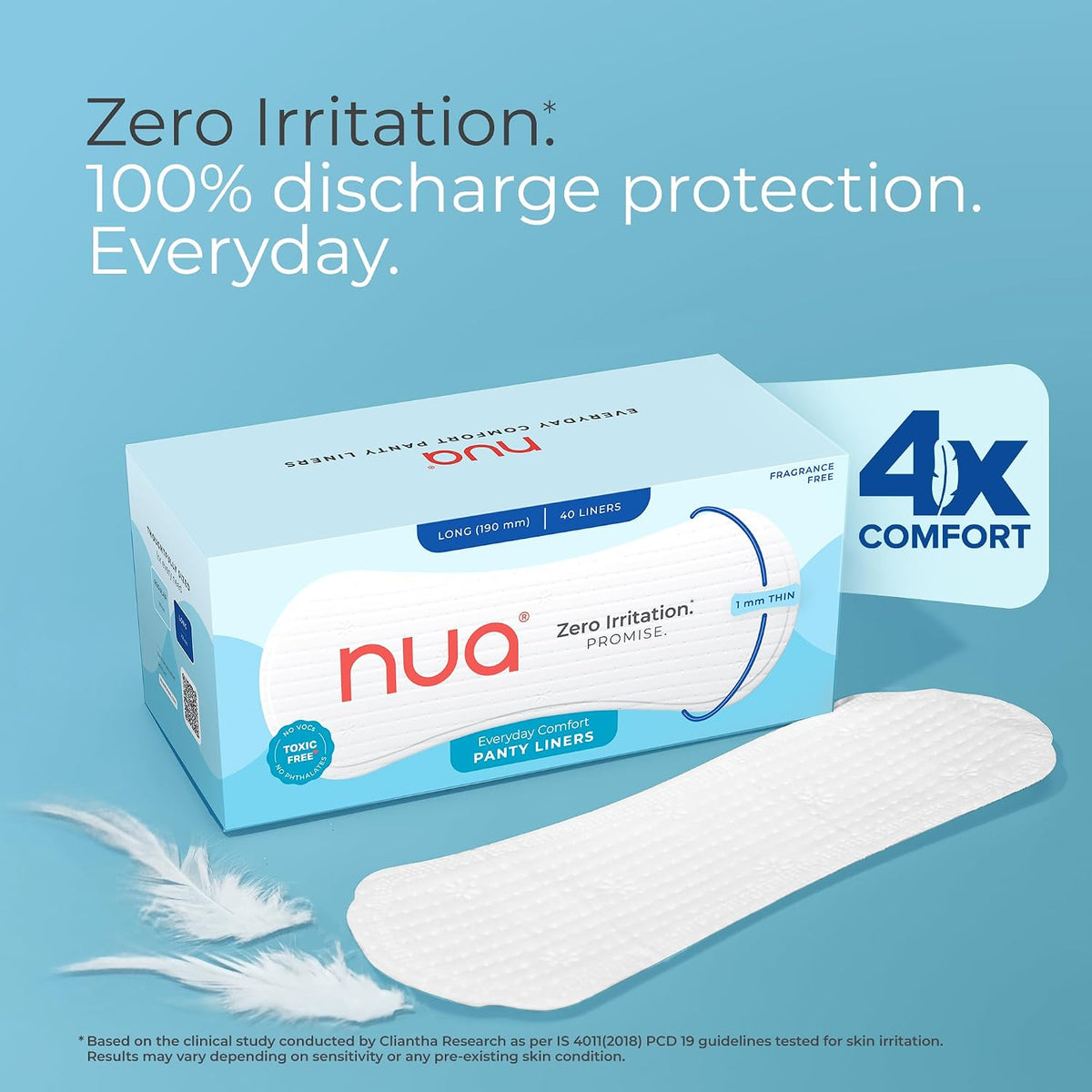 Nua Everyday Comfort Panty Liner for Women Daily Use | Pack of 40 liners 190mm | For White Discharge, Spotting & Non Period Leakages | Individually Wrapped | Zero Irritation | Super-thin | Stays in Place | Instant Absorption | Softest Top sheet | 100% Toxic-Free | Panty Liner Pads Sanitary Napkins