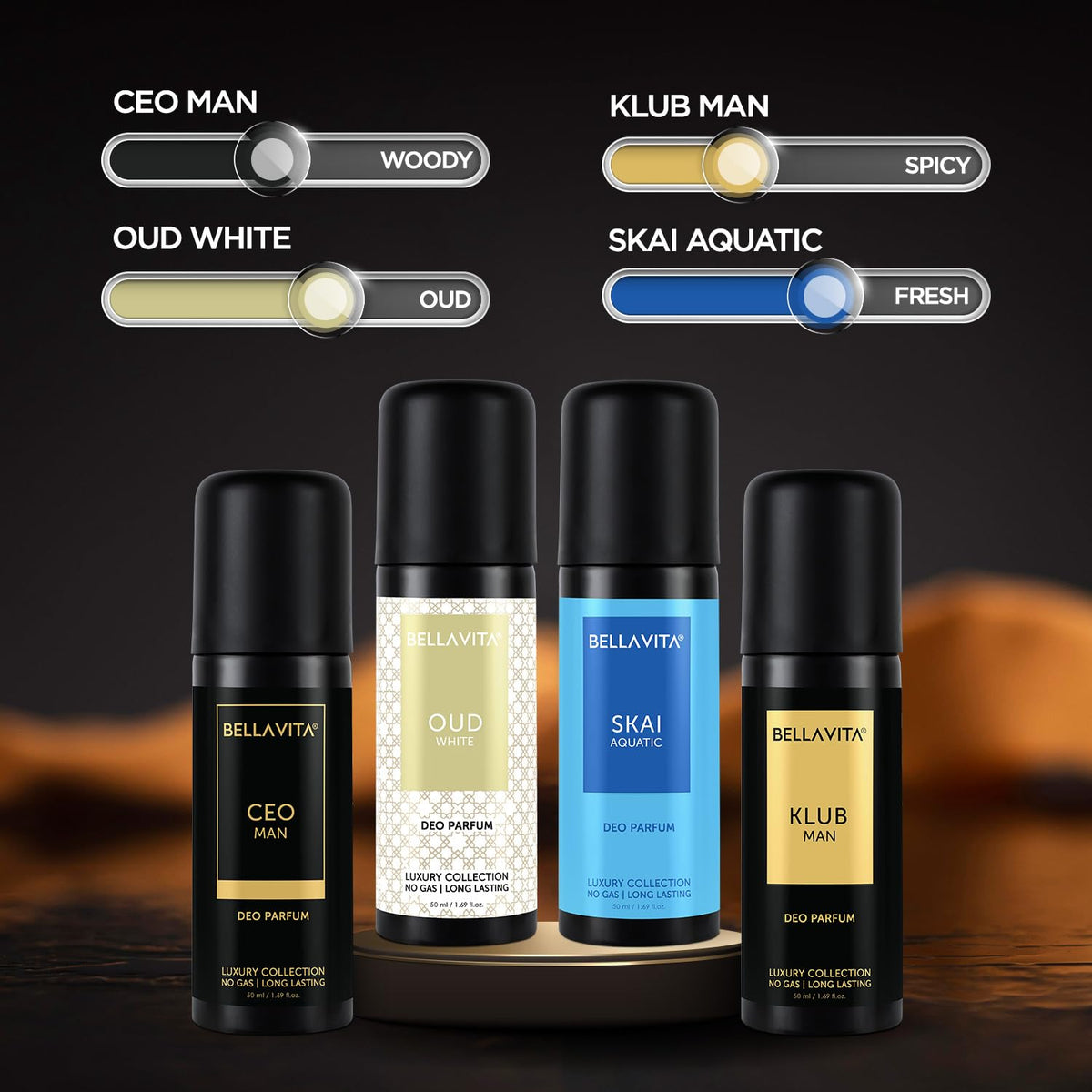 Bella Vita Luxury Spray Unisex Body Perfume Gift Set,Deodorant for Unisex,Pack of 4 x 50ml,No Gas Deo for Man & Woman,Long Lasting Fragrances with Lemon,Blackcurrant,Lavender & Bergamot