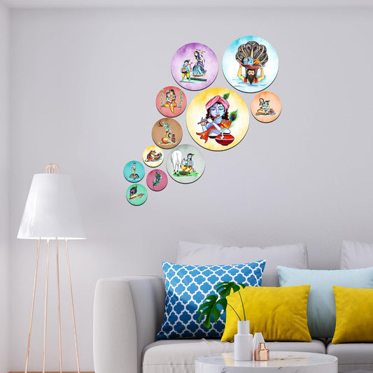 Artvibes Lord Krishna in Different Types Activities Round Shape MDF Wooden Wall Decor Items | Spiritual Decor Items | Wall Poster | Artwork | Painting | Gift Items (WPS_118N), Set of 11
