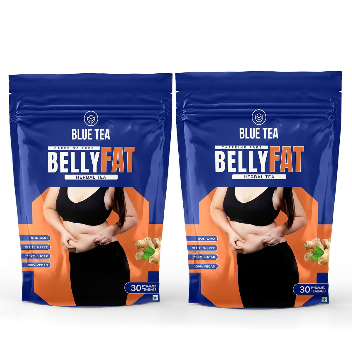 BLUE TEA - Belly Tea - 30 Tea Bags (Pack of 2) - Pyramid Plant Based | Caffeine Free - Herbal Tea - Sugar Free | Zipper Pack