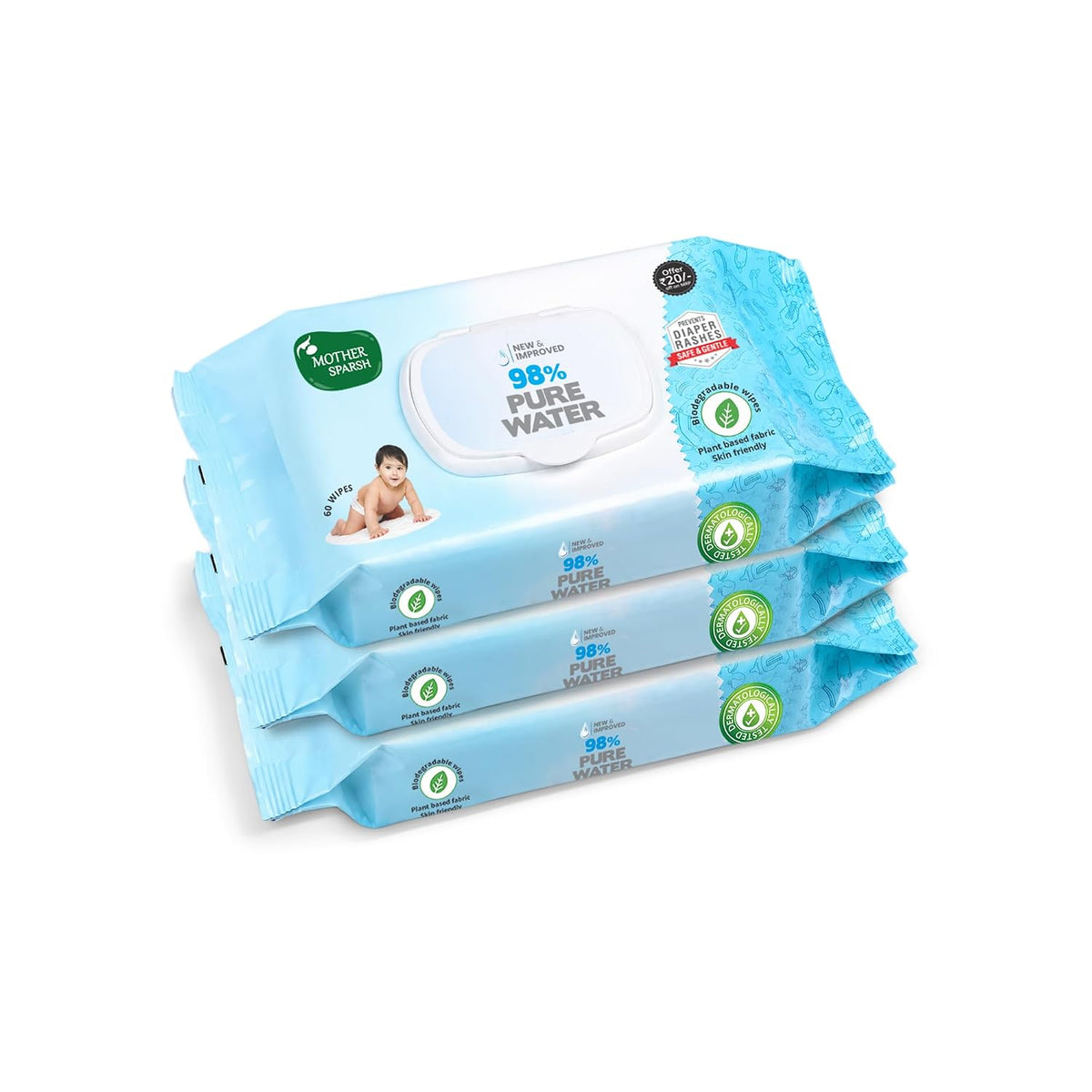 Mother Sparsh 98% Water Based Baby Wipes I Wet wipes made with Plant Fabric I 60 Pcs (Combo of 3)
