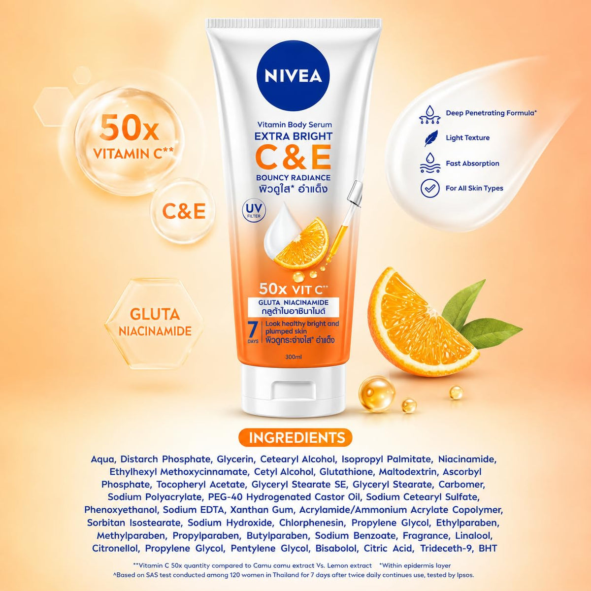 NIVEA Extra Bright C&E Vitamin Body Serum, with Vitamin C, Vitamin E, Glutathione & Niacinamide, Brightening & Hydrating, Fast Absorbing, All Skin Types, 300 ml