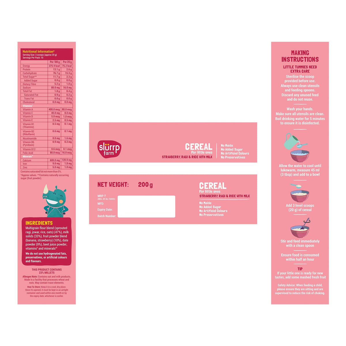 Slurrp Farm No Added Sugar Instant Cereal | Ragi, Rice and Strawberry with Milk | Free Strawberry Cereal Trial Pack | 200g