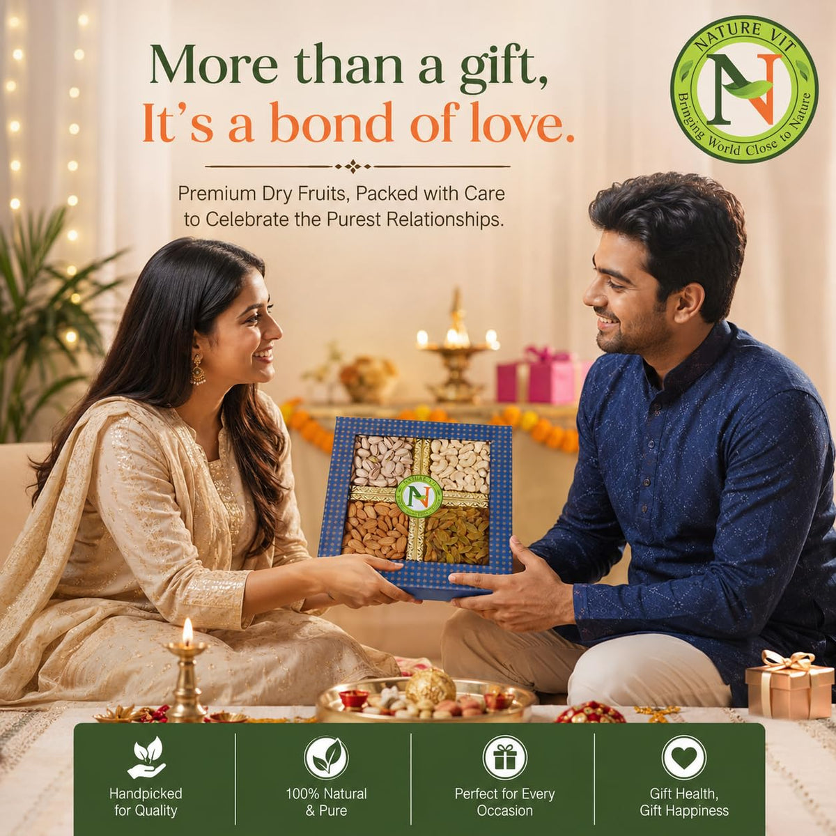 NatureVit Dry Fruits Combo Gift Pack, 400g (Cashew, Almond, Pistachios and Raisins) - Healthy Gift Hamper for Every Occasion | Rakhi Gift Pack for Family, Friends | Corporate Office Gifts Combo | Rakshabandhan Celebration Pack