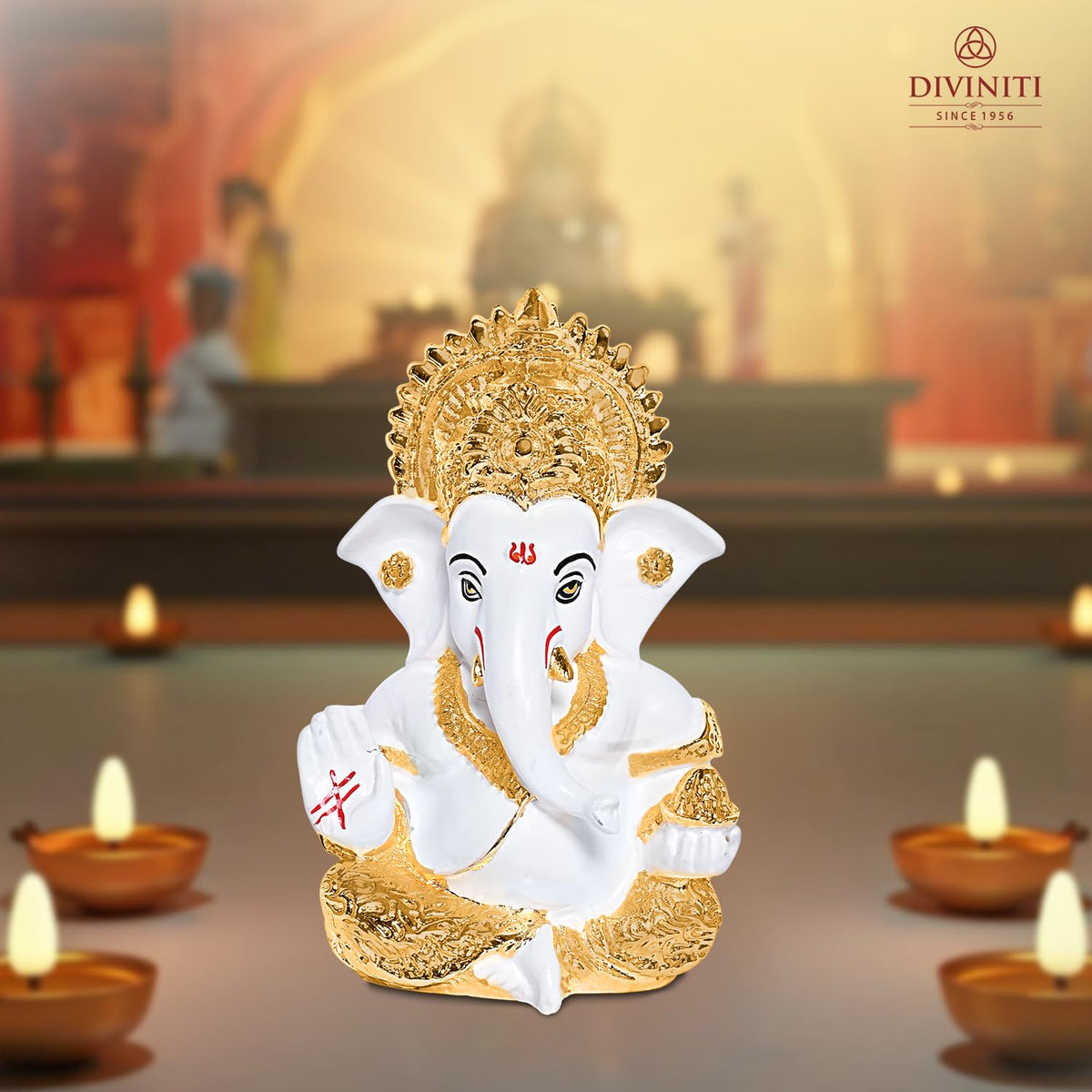 DIVINITI 24K Gold Plated Resin Lord Ganesha Idol for Car Dashboard, Tabletop|Ganesh Statue for Good Luck and Success|Ganpati Murti for Home Decor Mandir, Office Desk Puja Gift White & Gold (8.4x4.2cm)